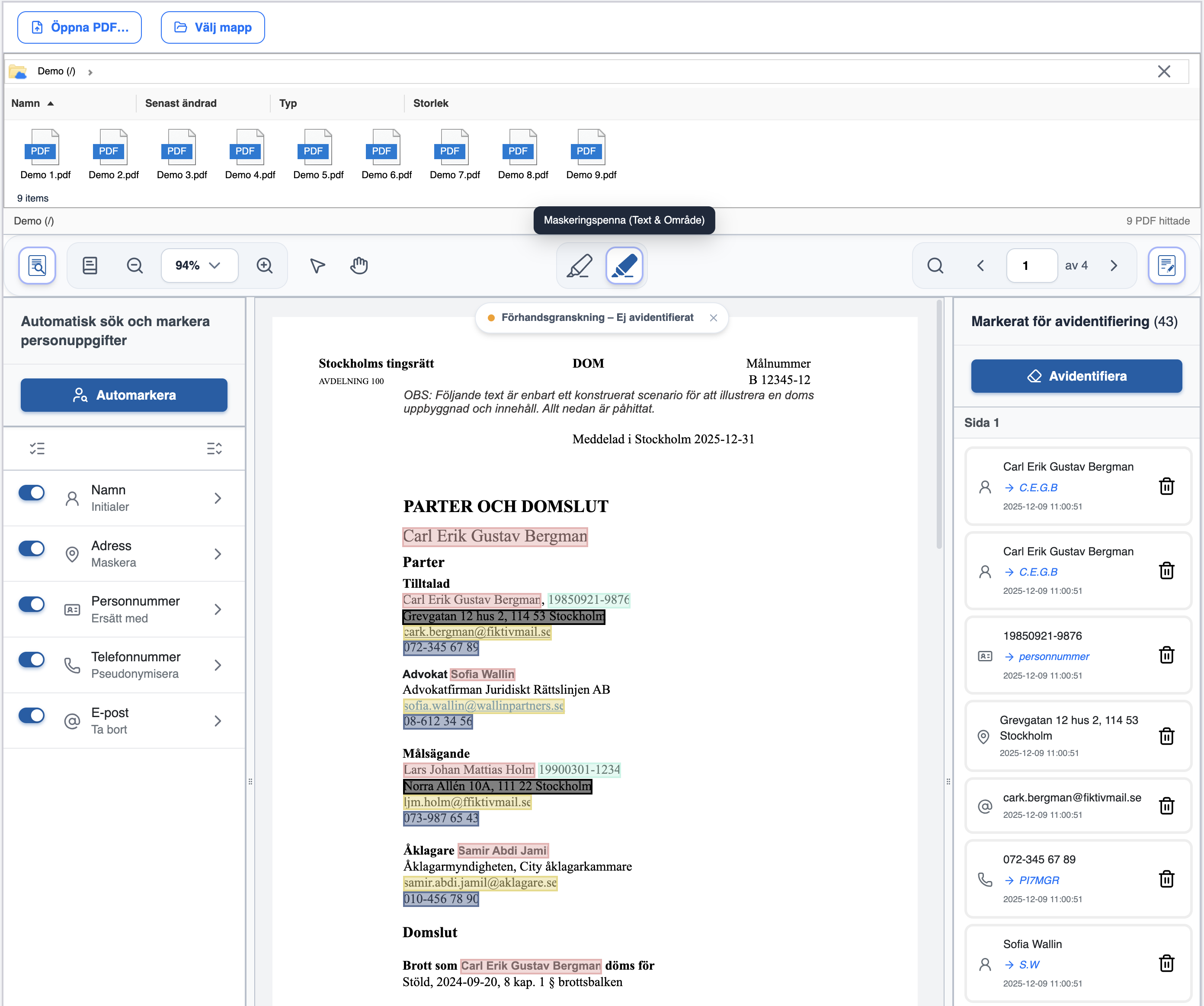 Arbetsflöde i verktyget för avidentifiering